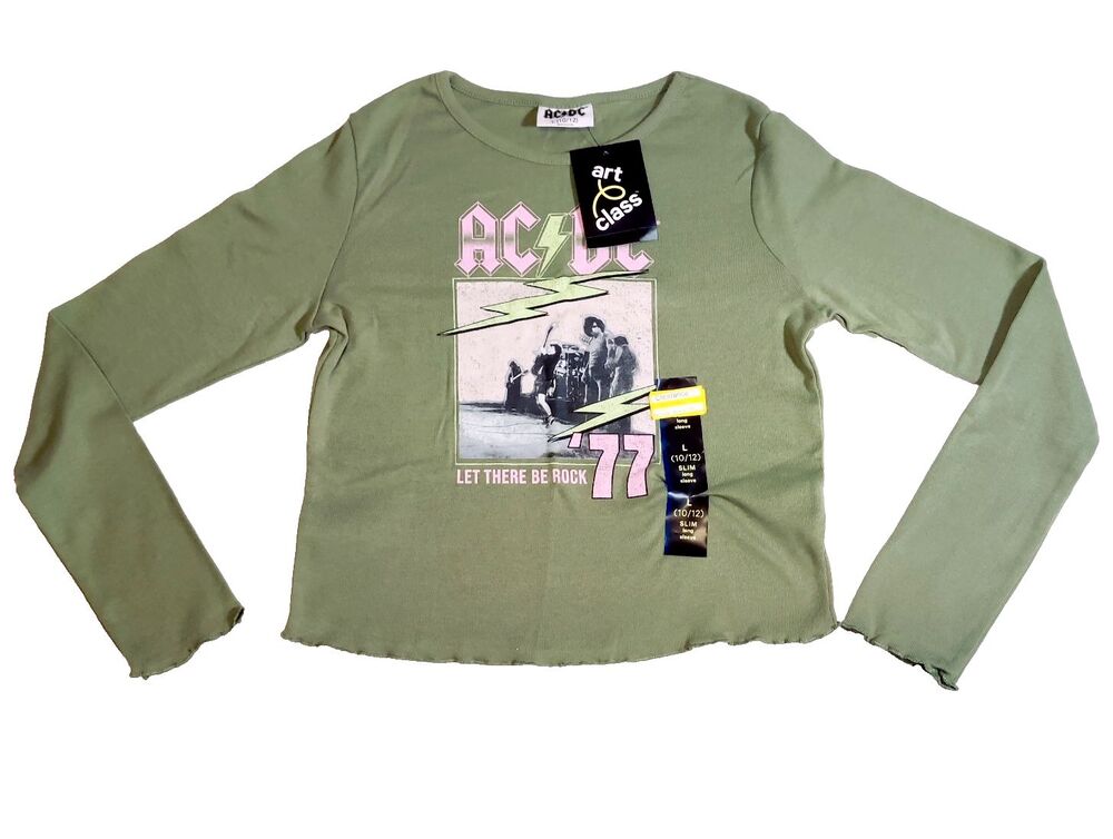 AC/DC Rock Band Girl’s L (10-12) Long Sleeve Olive Lettuce Hem Crop Tee NEW